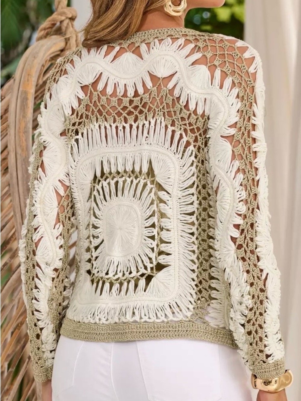 Pastels Crochet Open-Knit Cardigan in White and Olive